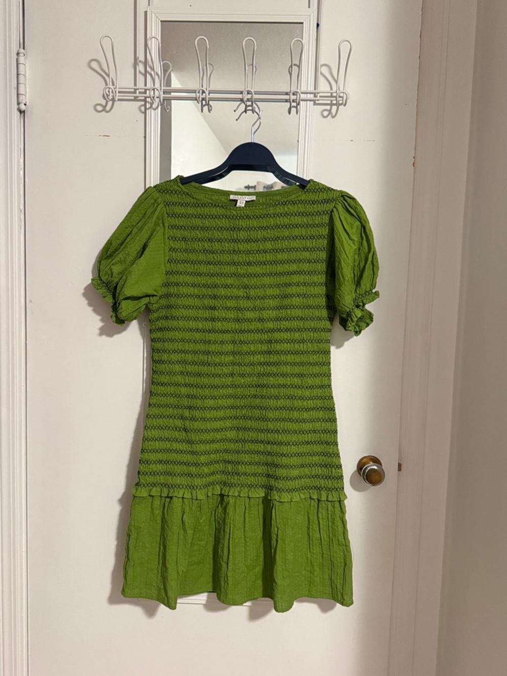 Topshop Green Smocked Puff-Sleeve Dress